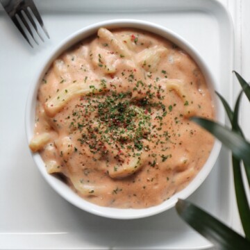 A bowl filled with vegan keto Mac and cheese