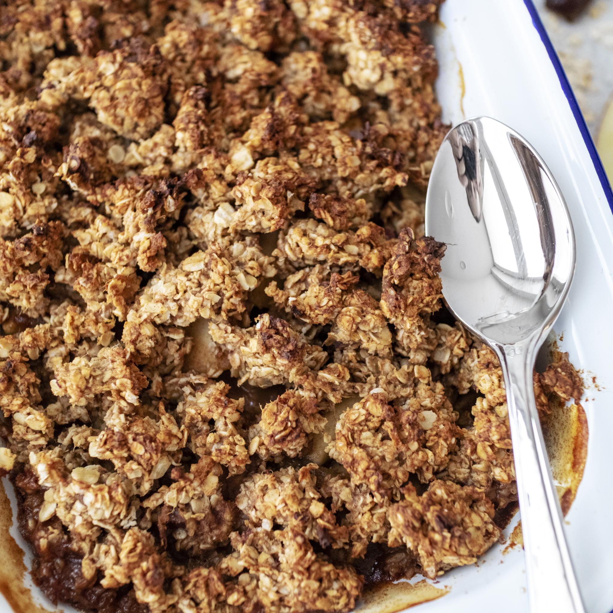 close up of the oat crumble on a vegan breakfast dish
