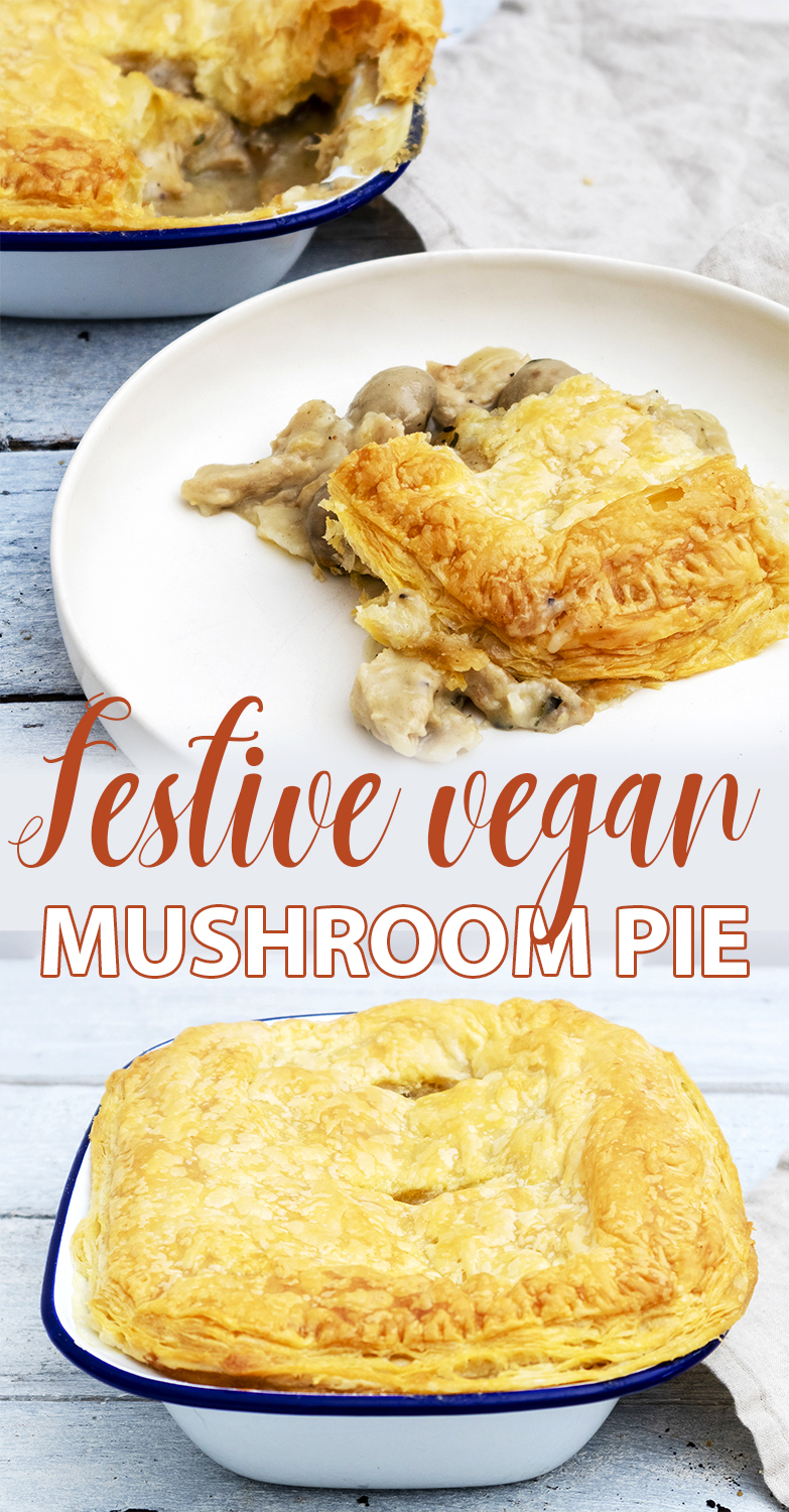 Pinterest Graphic for a Festive Vegan Mushroom Pie Recipe