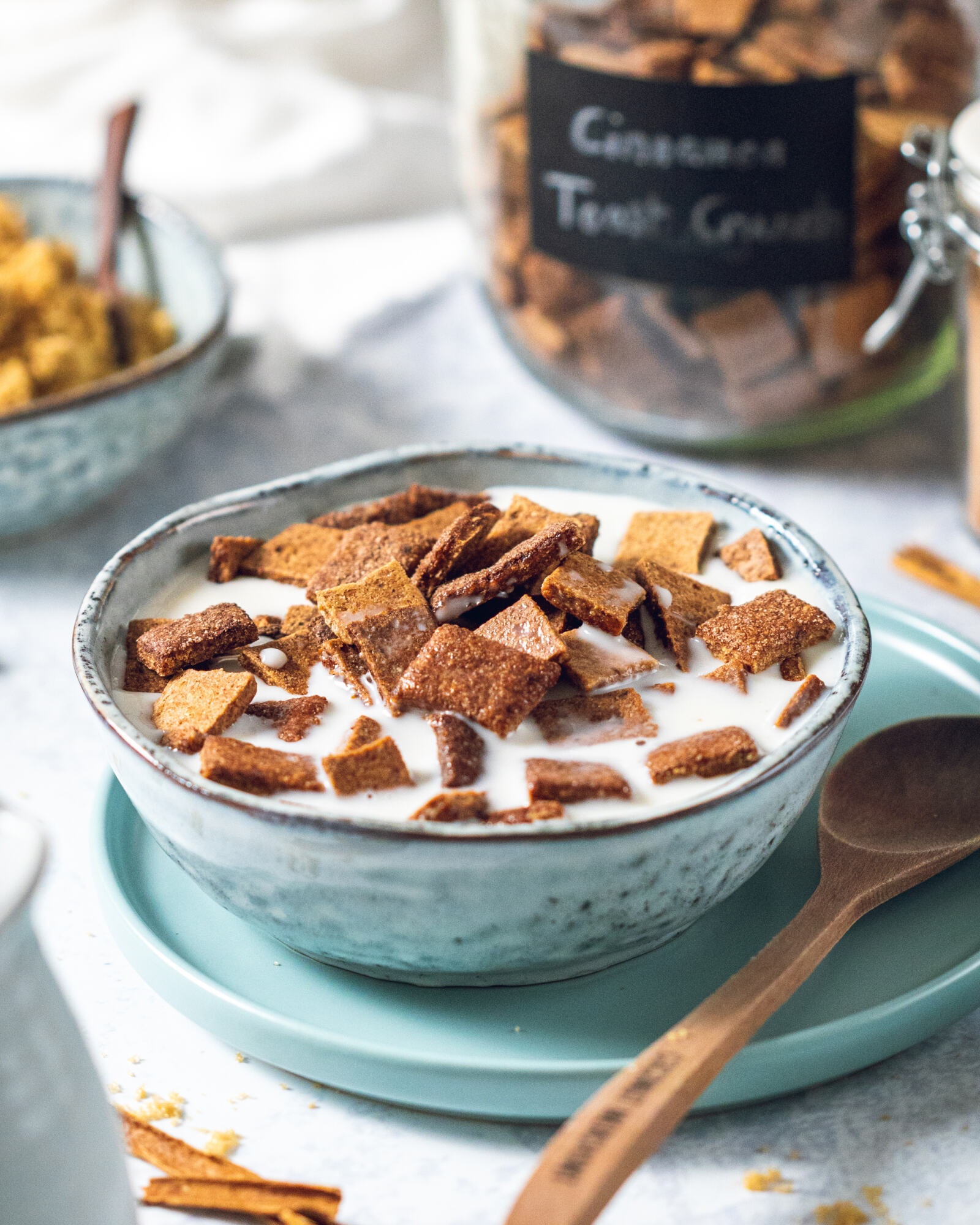 a full bowl of vegan cinnamon toast crunch cereal