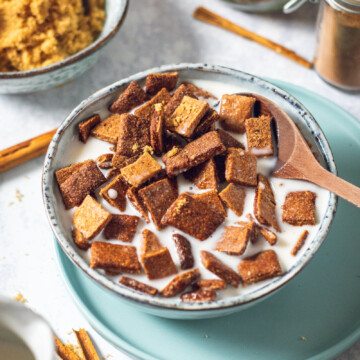 vegan toast crunch cereal in a bowl with plant milk