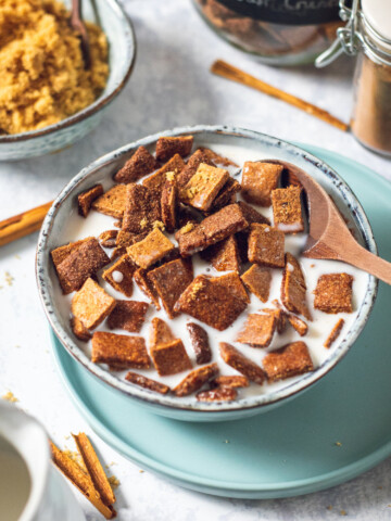 vegan toast crunch cereal in a bowl with plant milk