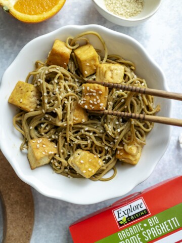 High protein noodles with tofu in a white bowl