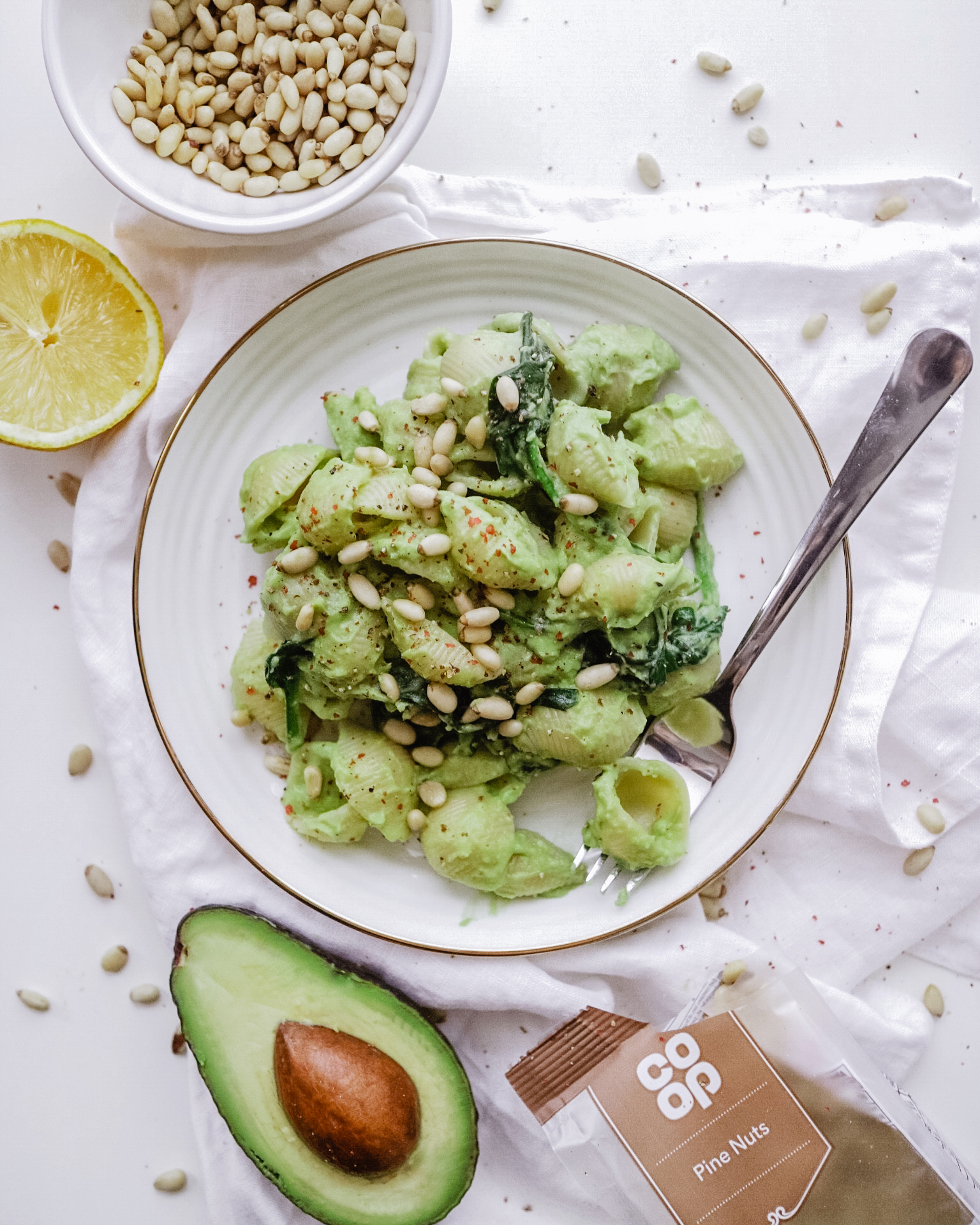 A bowl full off Vegan avocado pesto pasta