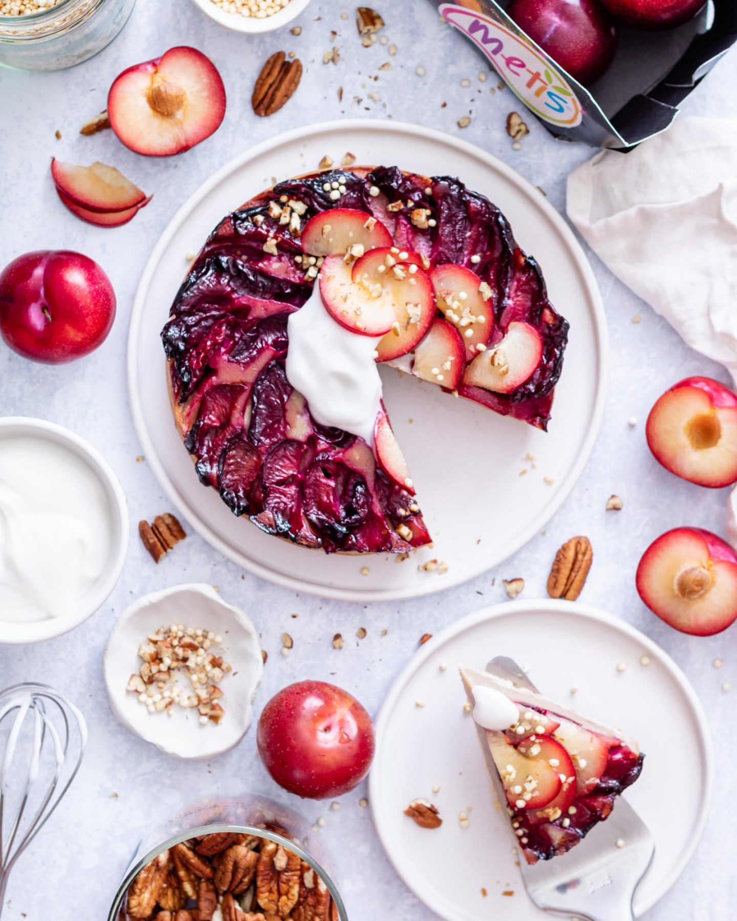 Upside Down Cake photographed from above with one slice cut out of it