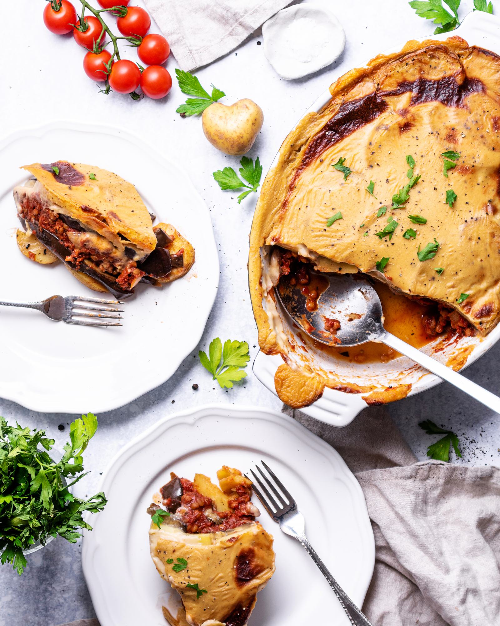 Healthy vegan lentil moussaka