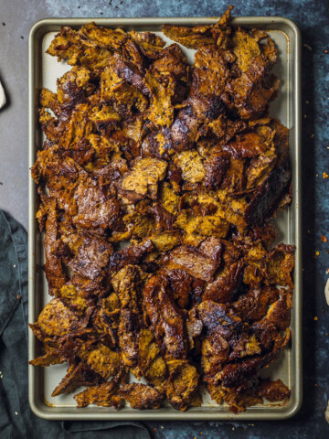 Vegan Seitan Doner Kebab Shreds on a large tray