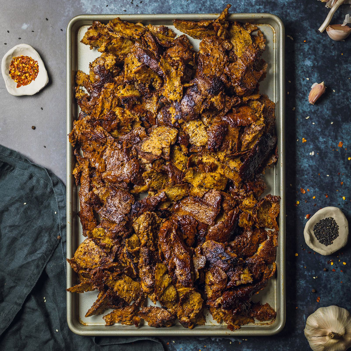 Vegan Seitan Doner Kebab Shreds on a large tray