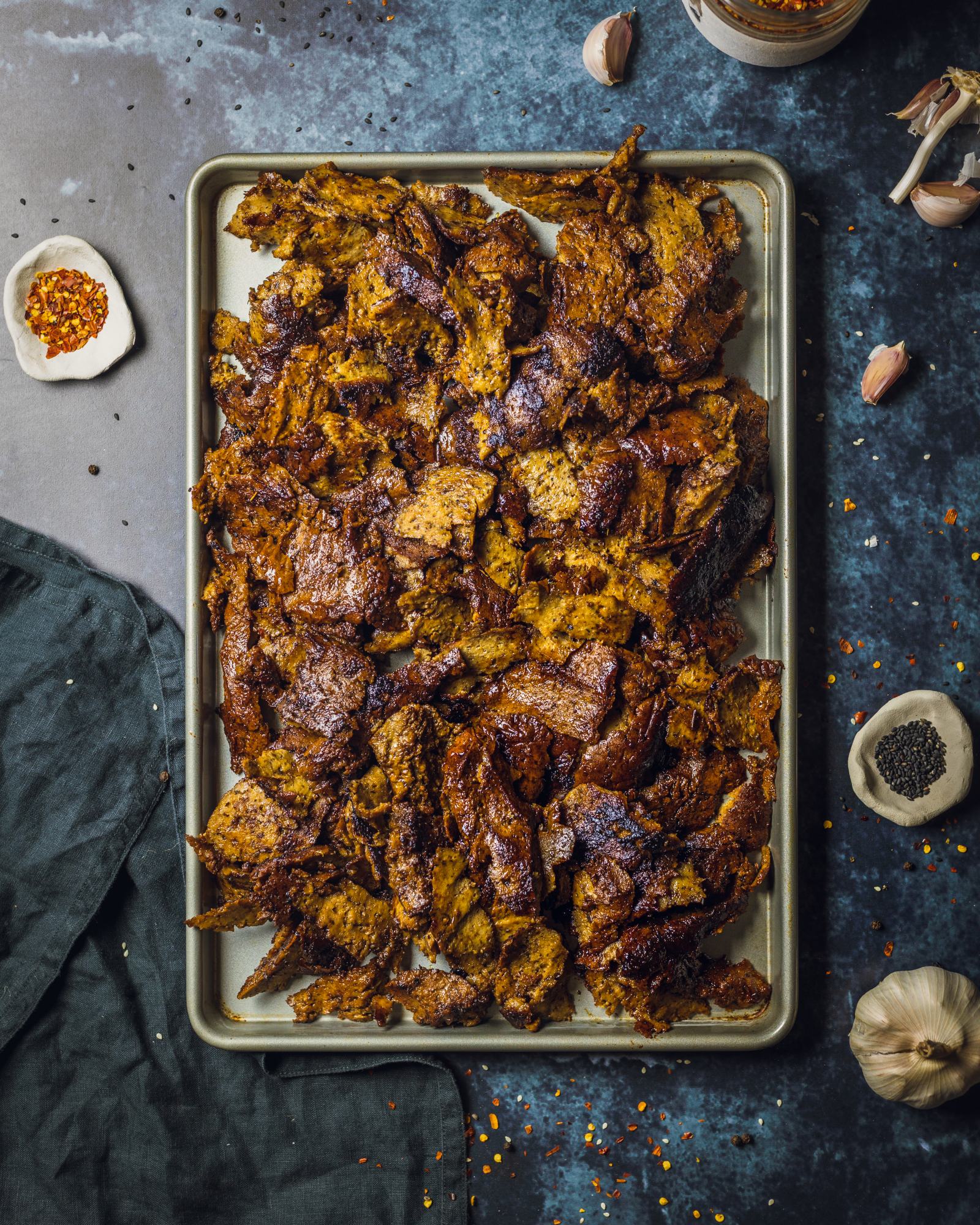 Vegan Seitan Doner Kebab Shreds on a large tray