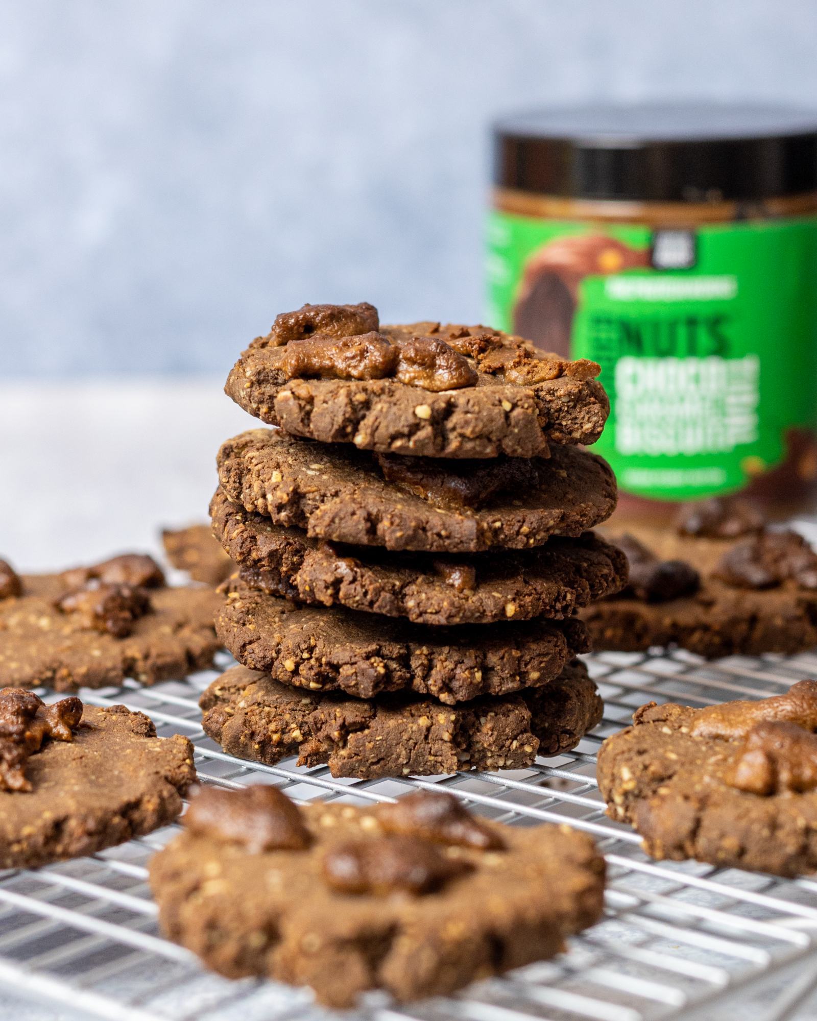 Vegan Chocolate Protein Cookies arranged as a stack.