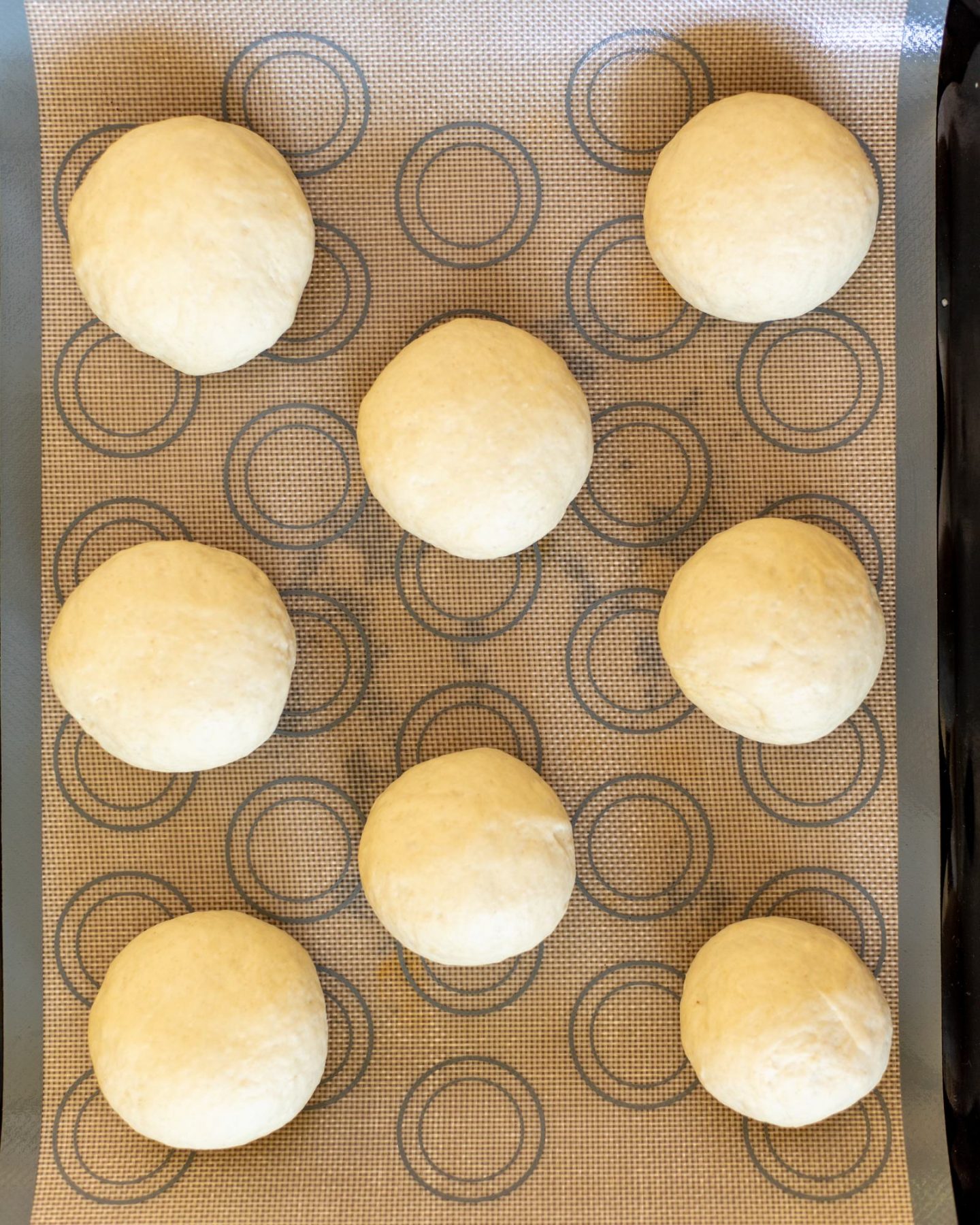 8 individual uncooked burger buns on a baking tray