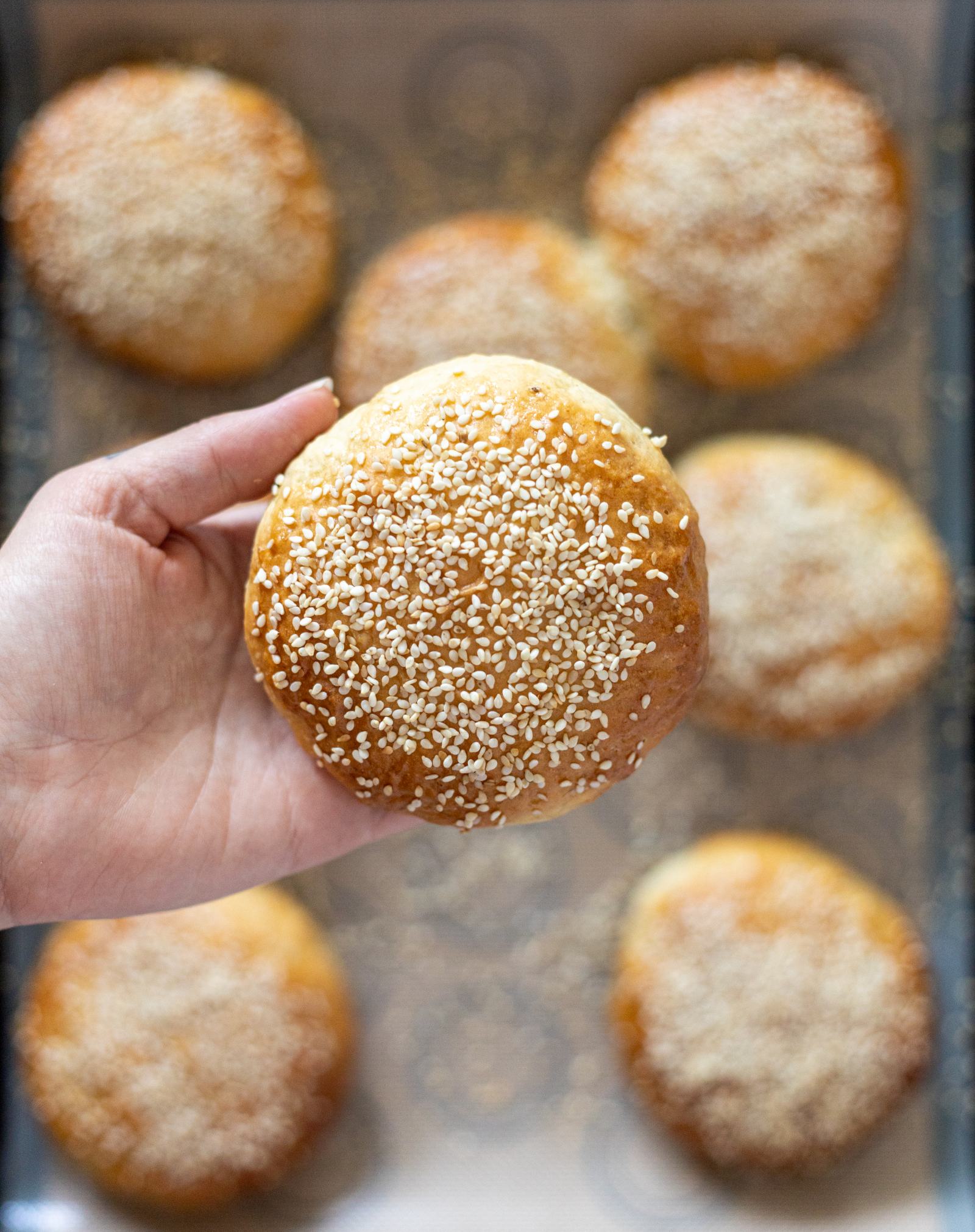 baked vegan burger bun with sesame seeds on top