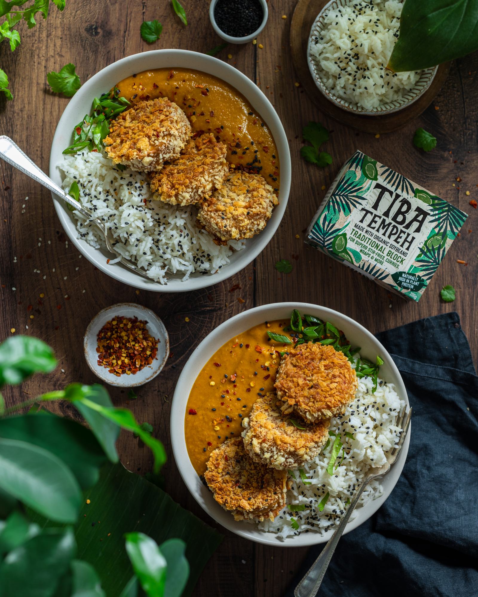 Vegan Katsu Curry with Tempeh - two bowls on a dark backdrop, rice and katsu sauce on each bowl with a fork, crunchy fried tempeh discs on the top (3 on each plate), tiba tempeh packaging placed besides the bowls