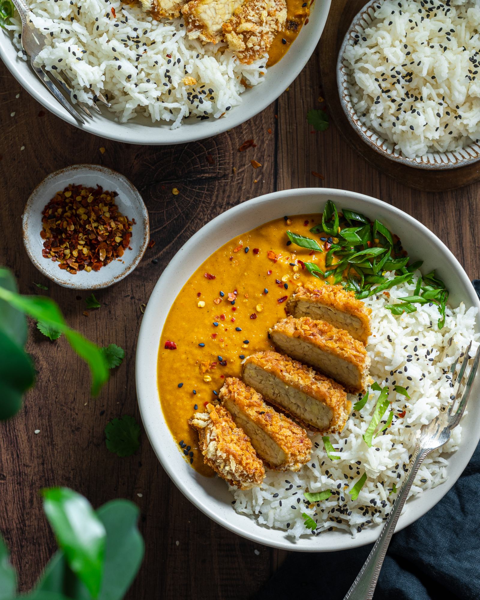 Vegan Katsu Curry with Tempeh - two bowls on a dark backdrop, focus on one of the bowls, rice and katsu sauce on each bowl with a fork, sliced crunchy panko coated tempeh on top, tiba tempeh packaging placed besides the bowls