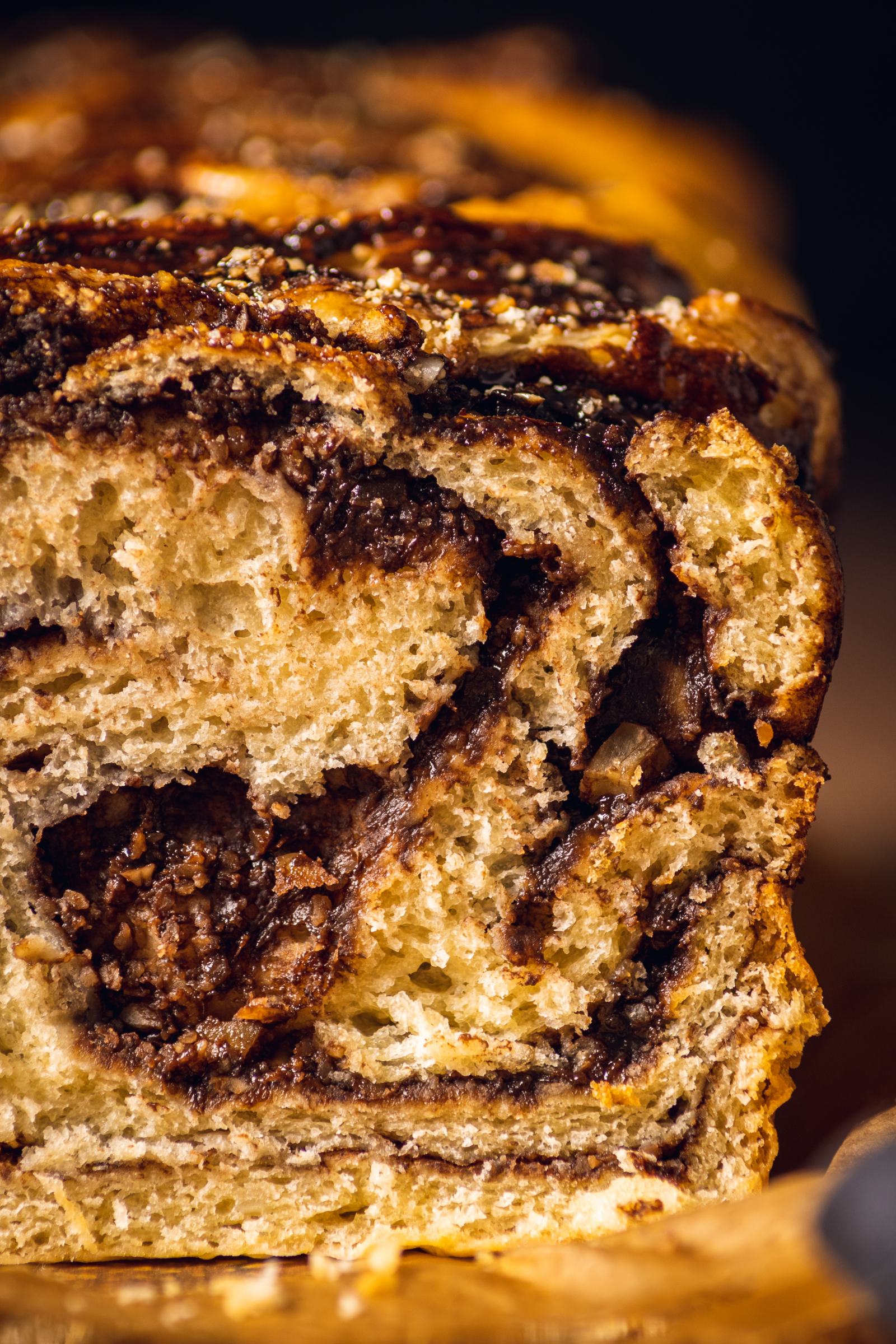 close up of the soft and fluffy texture inside the babka