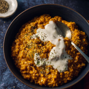 Roasted pumpkin and red lentil dhal (dahl, dal) a black bowl on a dark marble table topped with coconut yoghurt