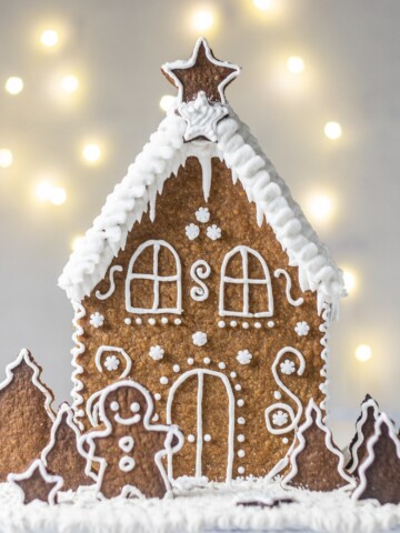 Vegan Gingerbread House, decorated with white buttercream and 'Ho Ho' written on the back, with white roof, photographed on a light backdrop with fairy lights