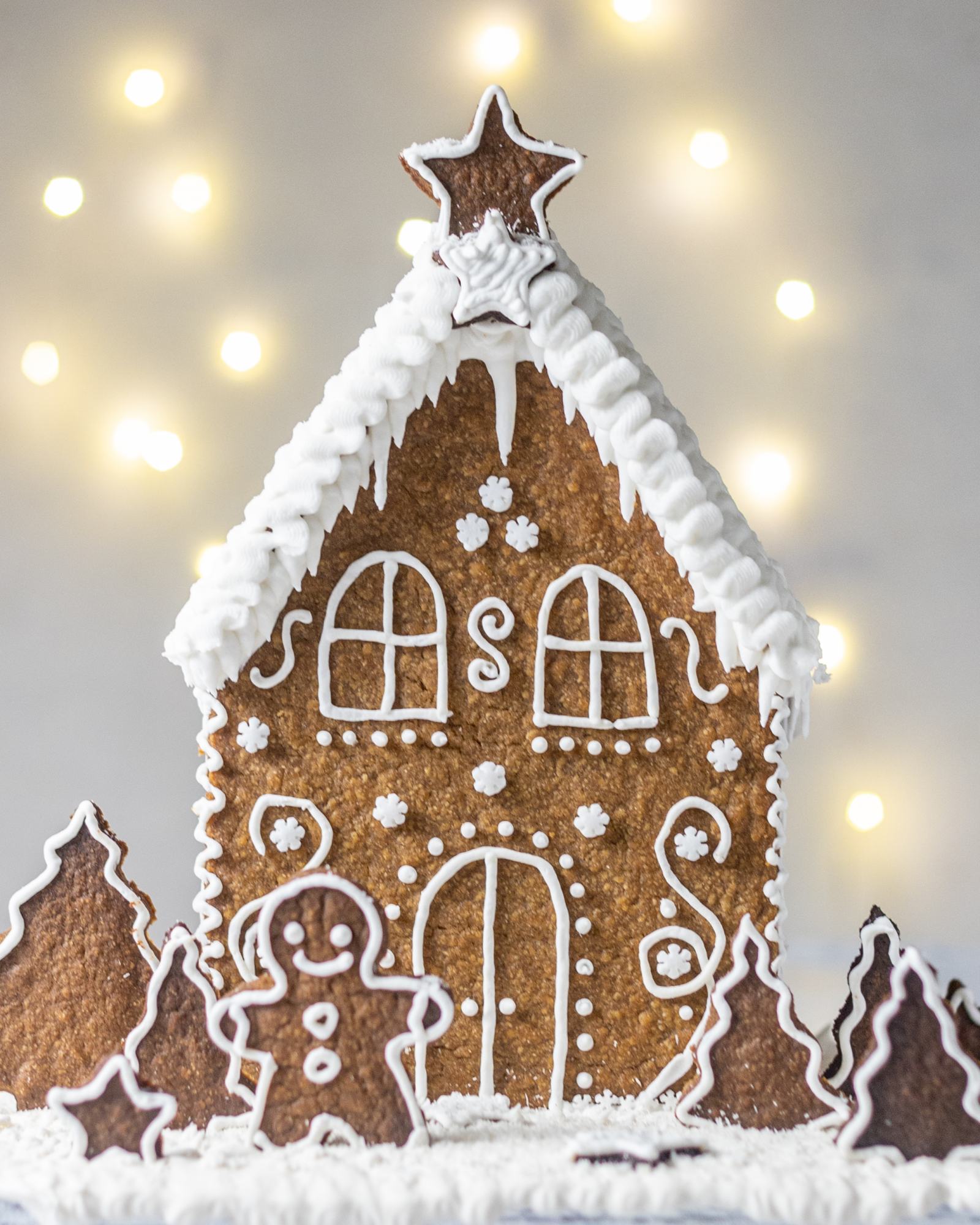 Vegan Gingerbread House, decorated with white buttercream and 'Ho Ho' written on the back, with white roof, photographed on a light backdrop with fairy lights