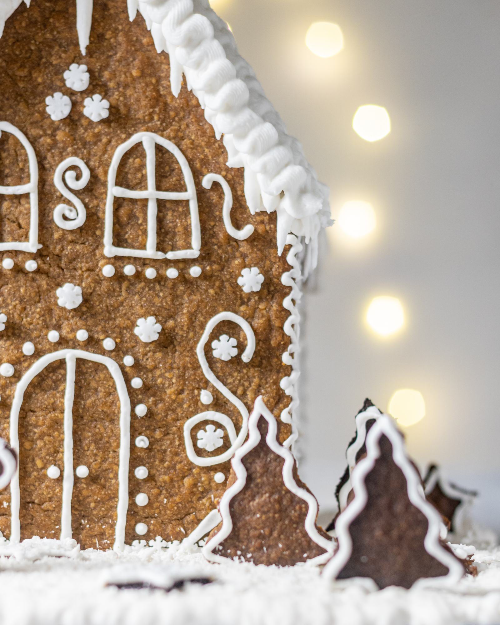 Vegan Gingerbread House, decorated with white buttercream and 'Ho Ho' written on the back, with white roof, photographed on a light backdrop with fairy lights