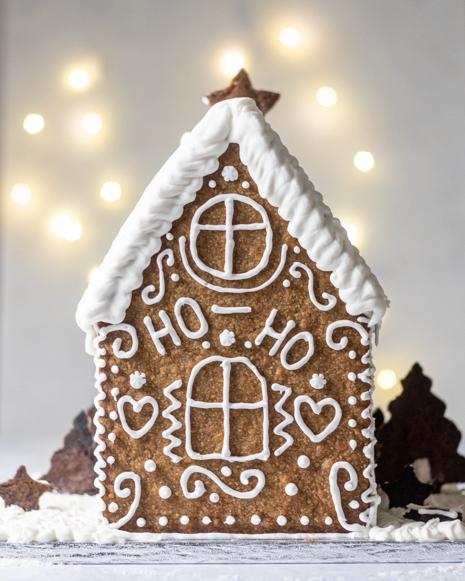 The back wall of the house, decorated with white buttercream and 'Ho Ho' written on the back, with white roof, photographed on a light backdrop with fairylights