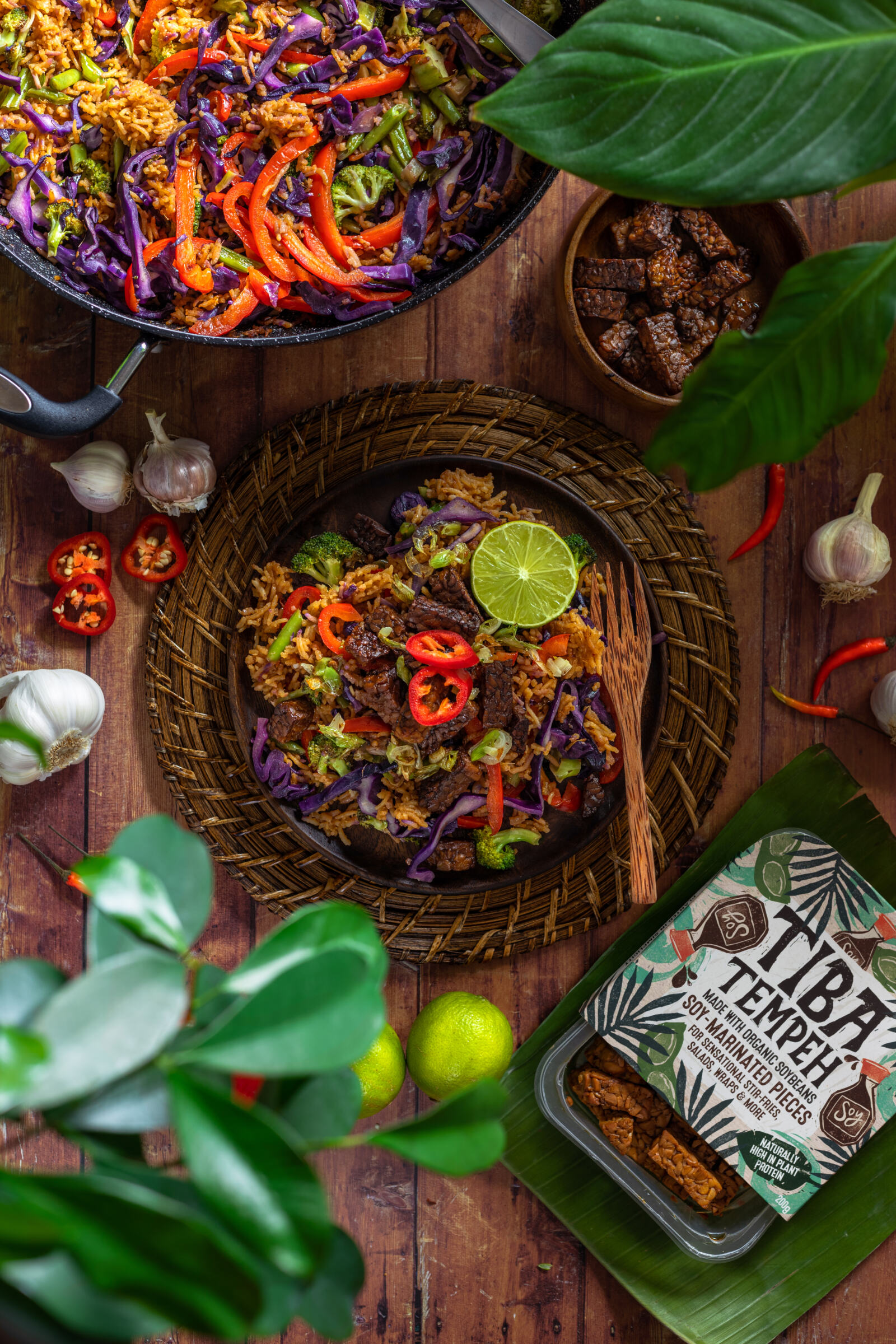 a bowl of vegan nasi goreng on a table