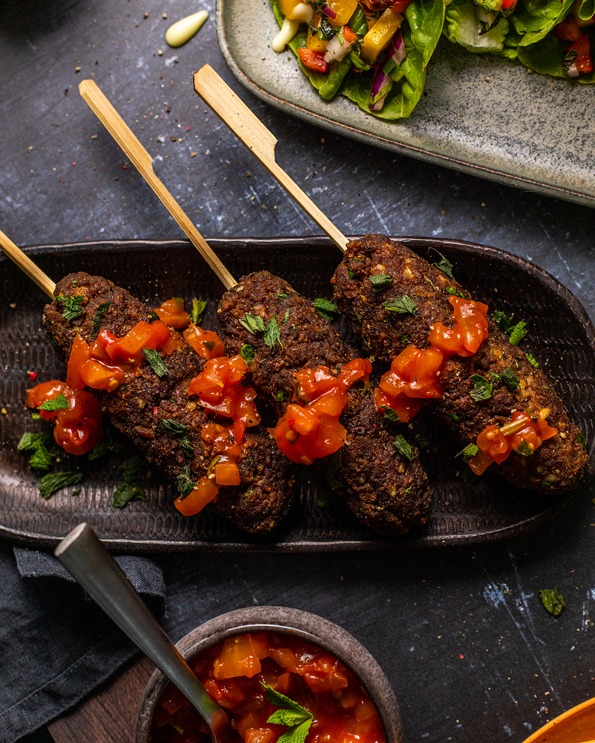 vegan kofta skewers on a serving plate