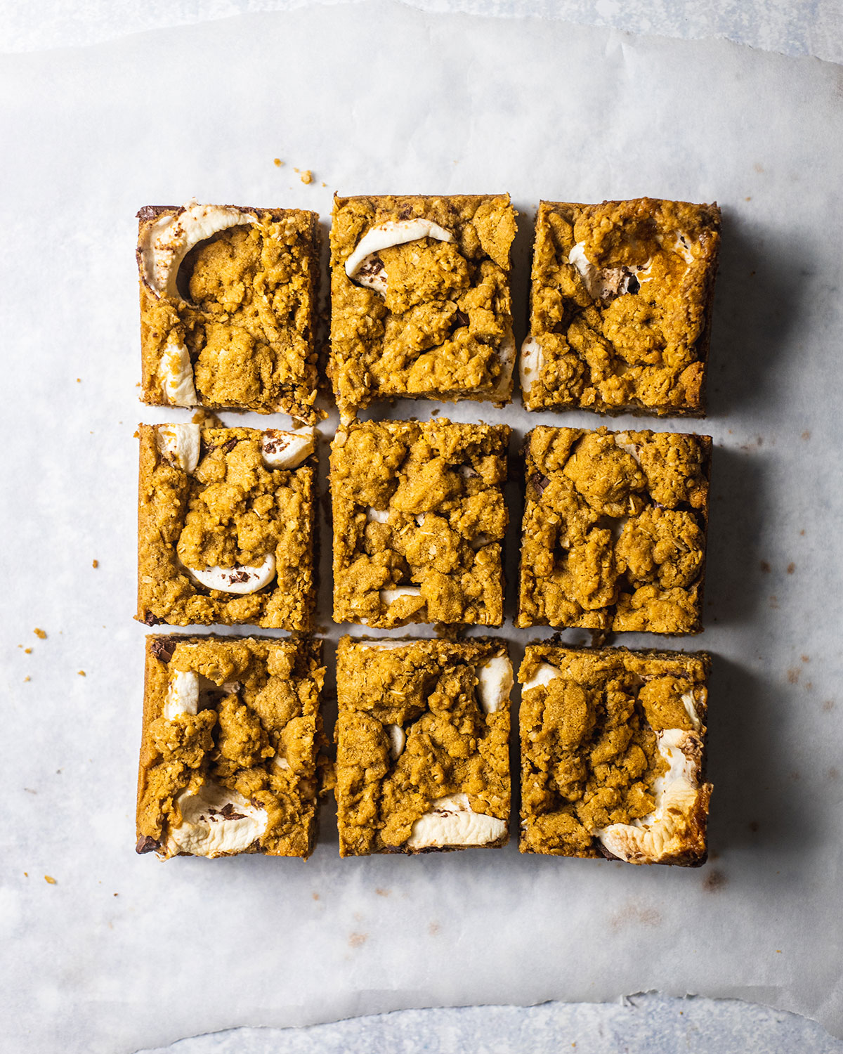 Nine slices of Baked Oatmeal Marshmallow bars on a white background