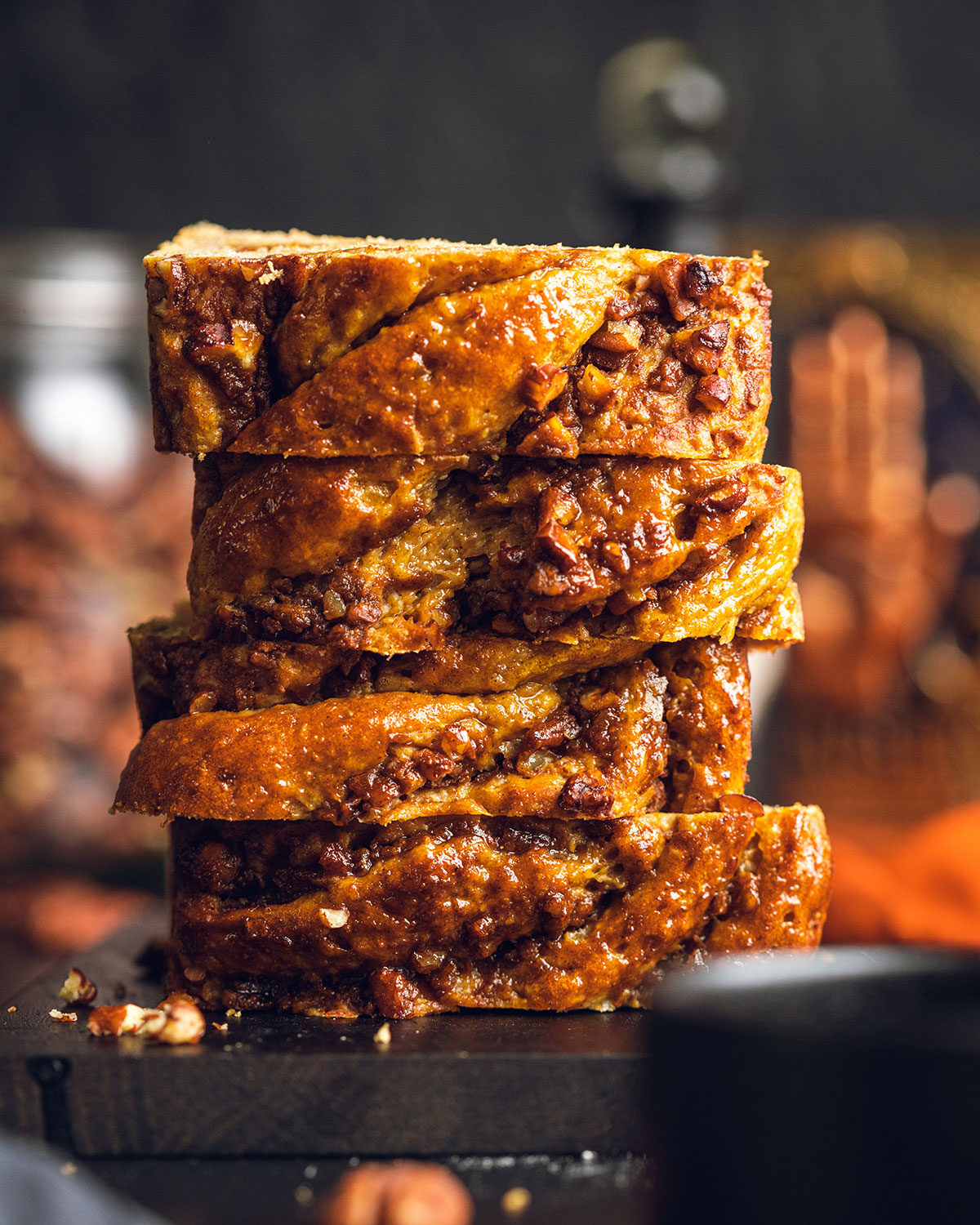 4 slices of pumpkin babka stacked on top of each other