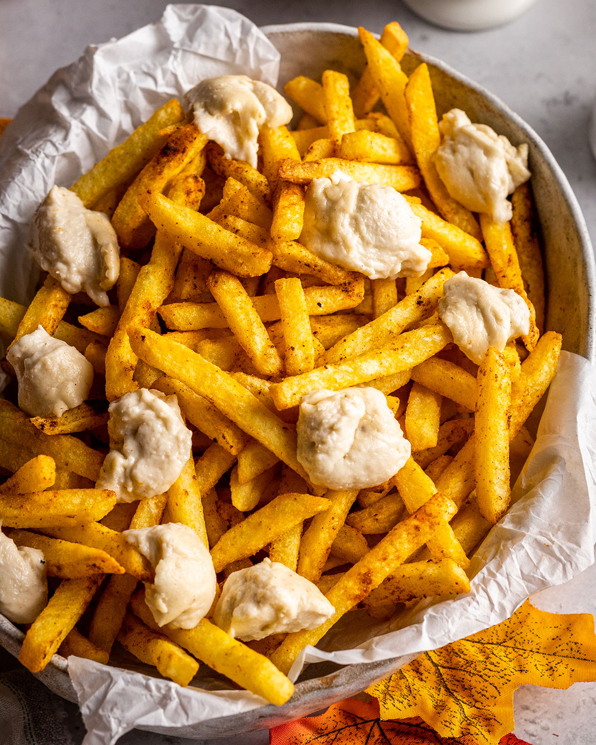 vegan cheese curds on french fries