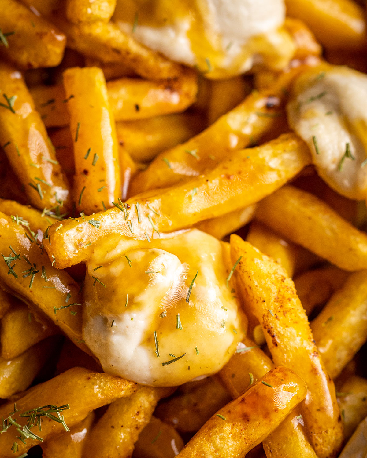 close up of vegan cheese curd on poutine