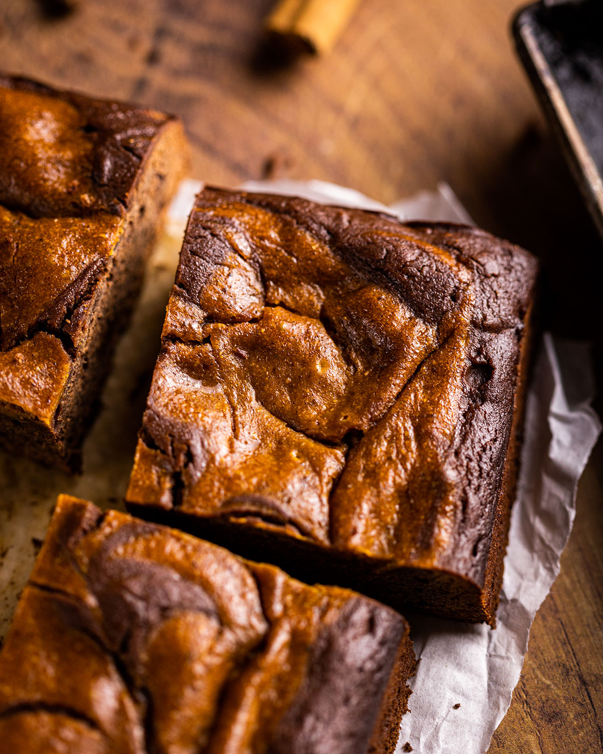 close up of a single slice of pumpkin brownie