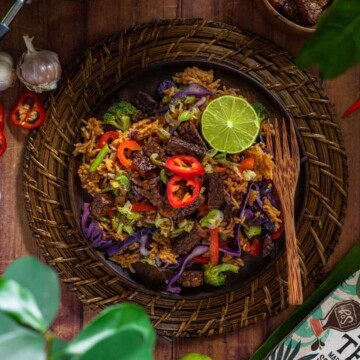 a bowl full of vegan tempeh nasi goreng