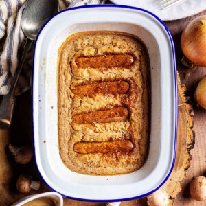 vegan toad in the hole on a wooden table