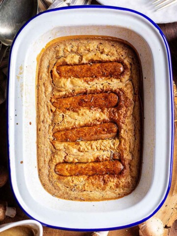 vegan toad in the hole on a wooden table