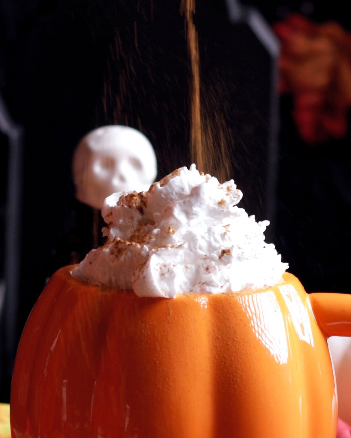 cinnamon sprinkled on top of whipped cream on the mug