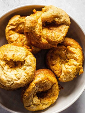 A bowl full of vegan Yorkshire puddings photograph from above