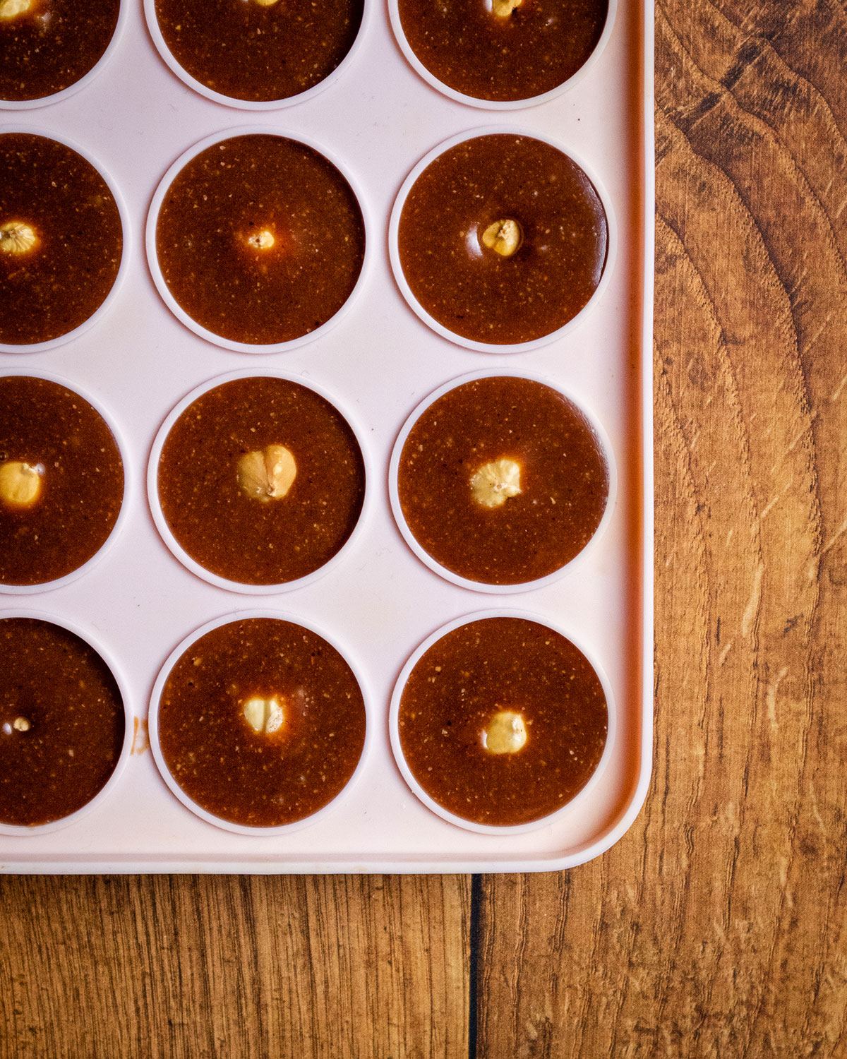 Close-up of whole hazelnuts in the filling