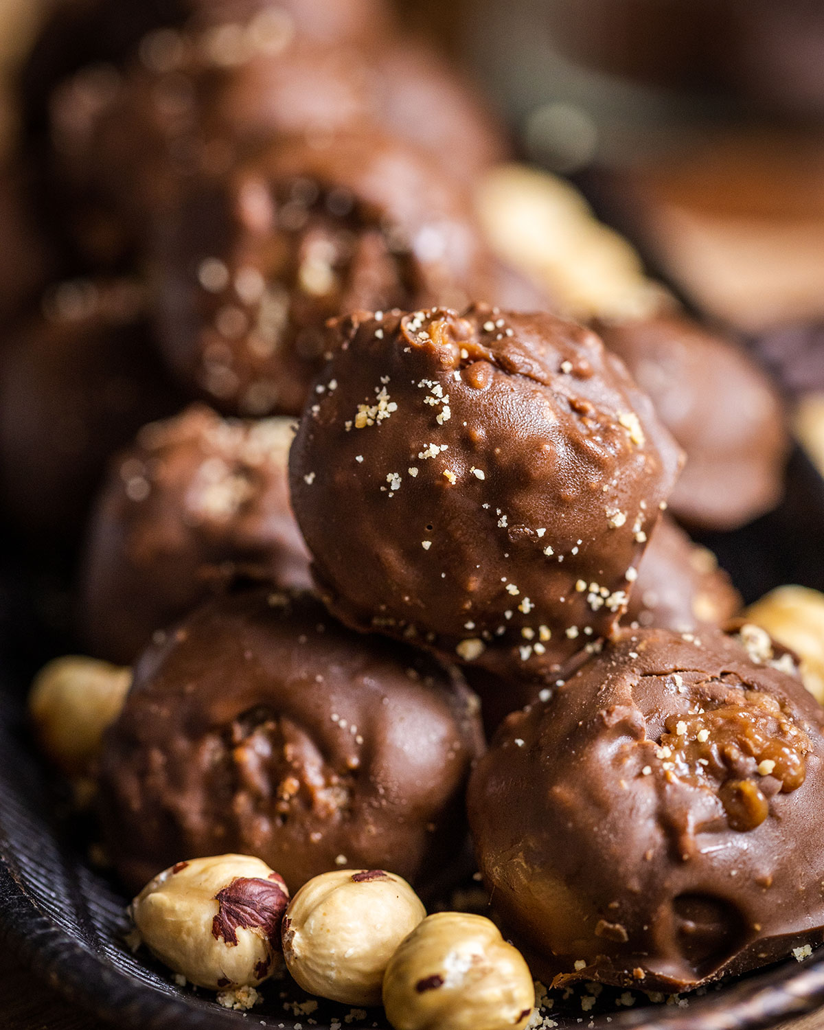 Close up photograph of a vegan ferrero rocher