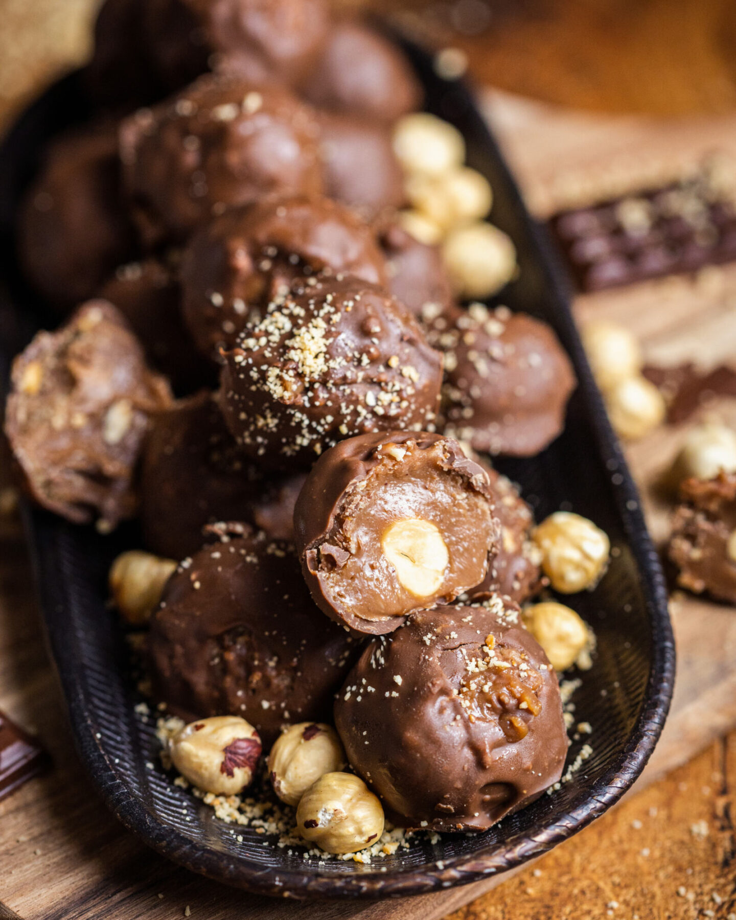 Close up of vegan ferrero rocher truffles on a tray