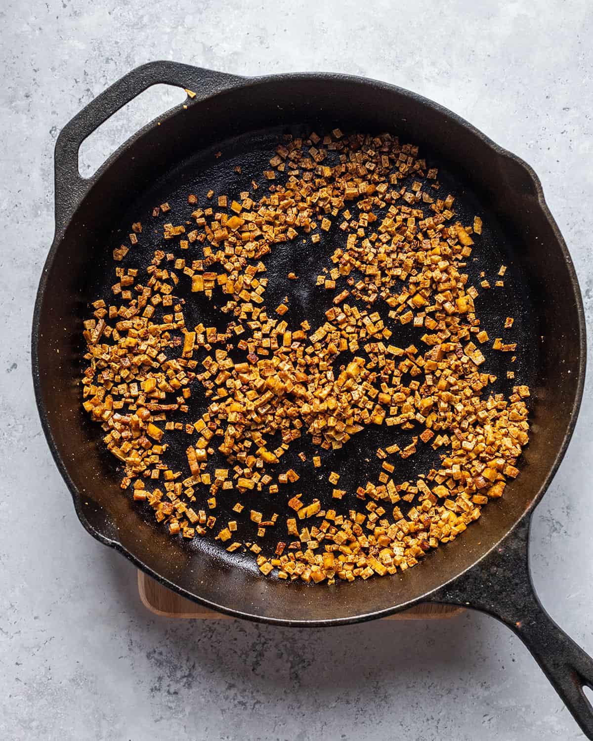 smoked tofu bacon in a skillet