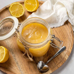 A jar filled with vegan lemon curd