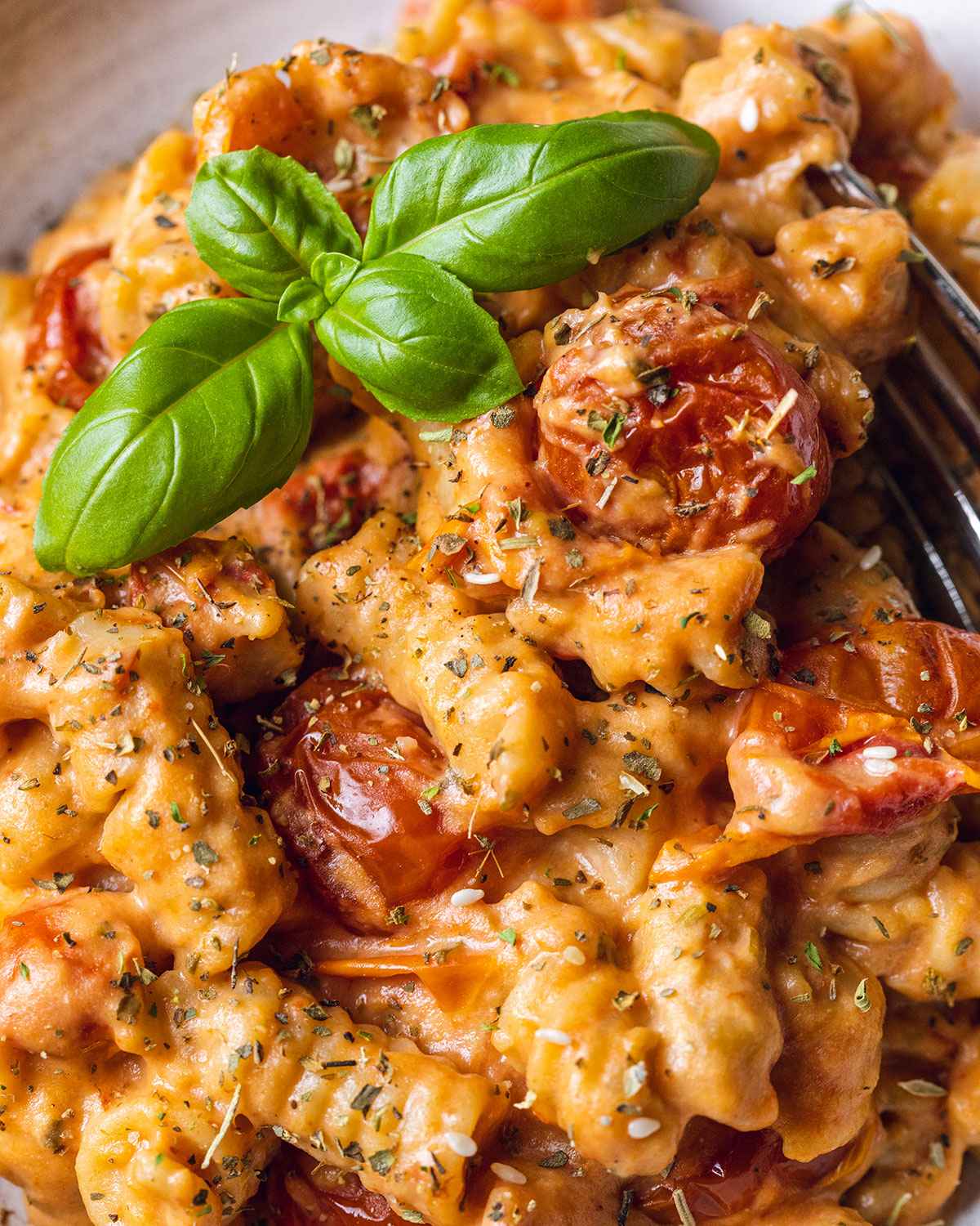 close up of the creamy pasta dish in a bowl with fresh basil on top