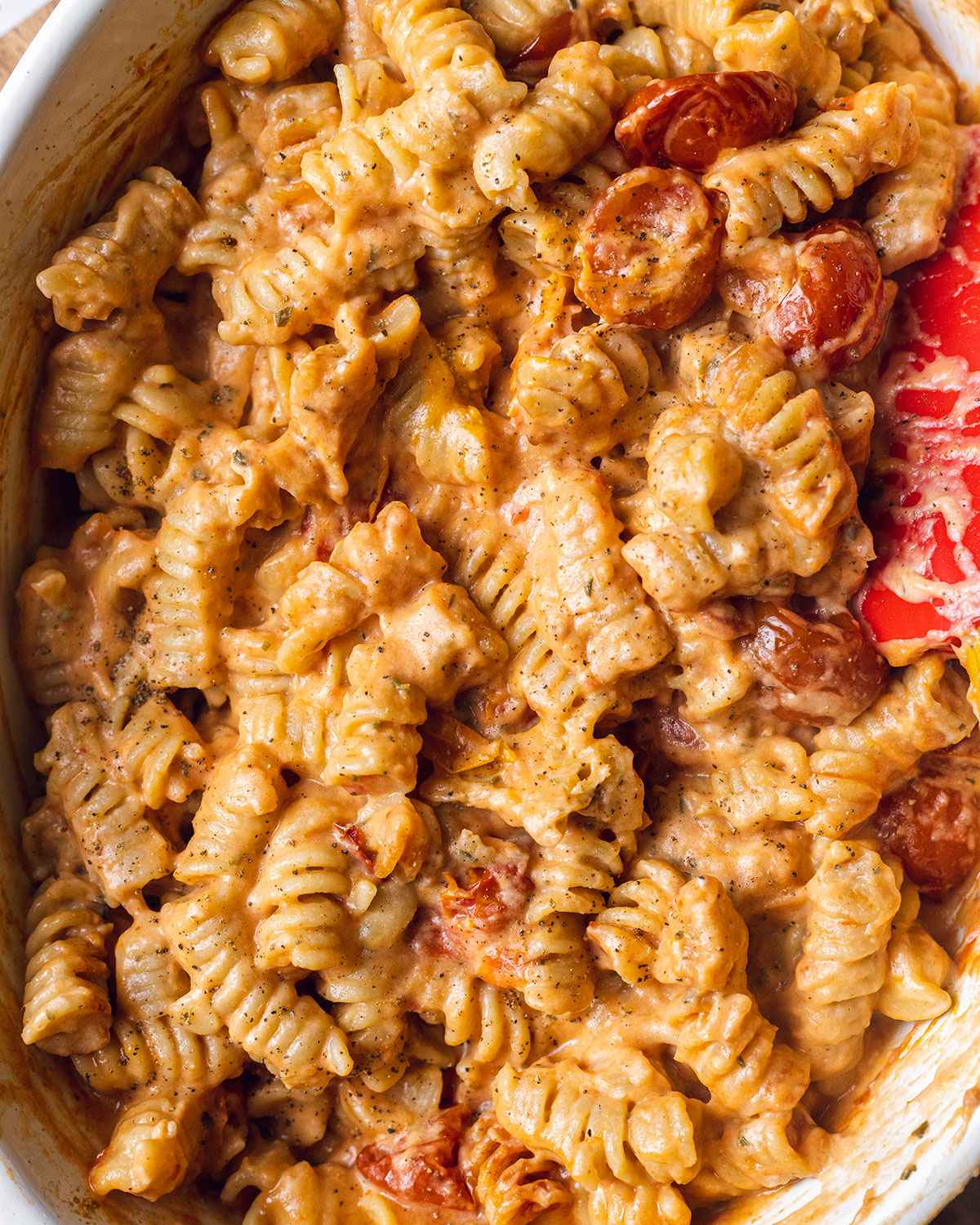 creamy fusilli pasta close up