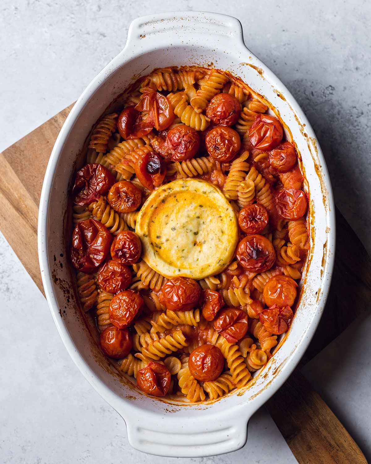 baked boursin pasta coming out of the oven