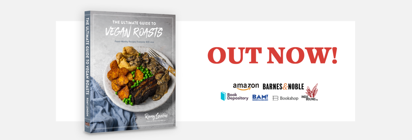 banner showing Romy's cookbook and saying 'OUT NOW' next to it with logos for Amazon, Barnes and Noble, Book Depository, BAM, Bookshop and Indiebound. The image links to Romy's page with more information about the book and where to order it from.