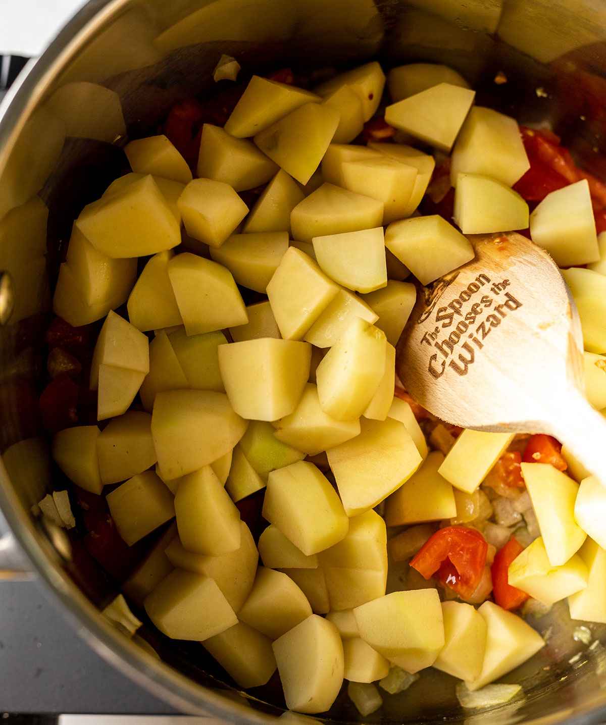 potatoes added to the saucepan