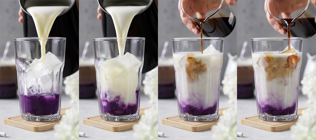 4 images of pouring the ingredients into the glass
