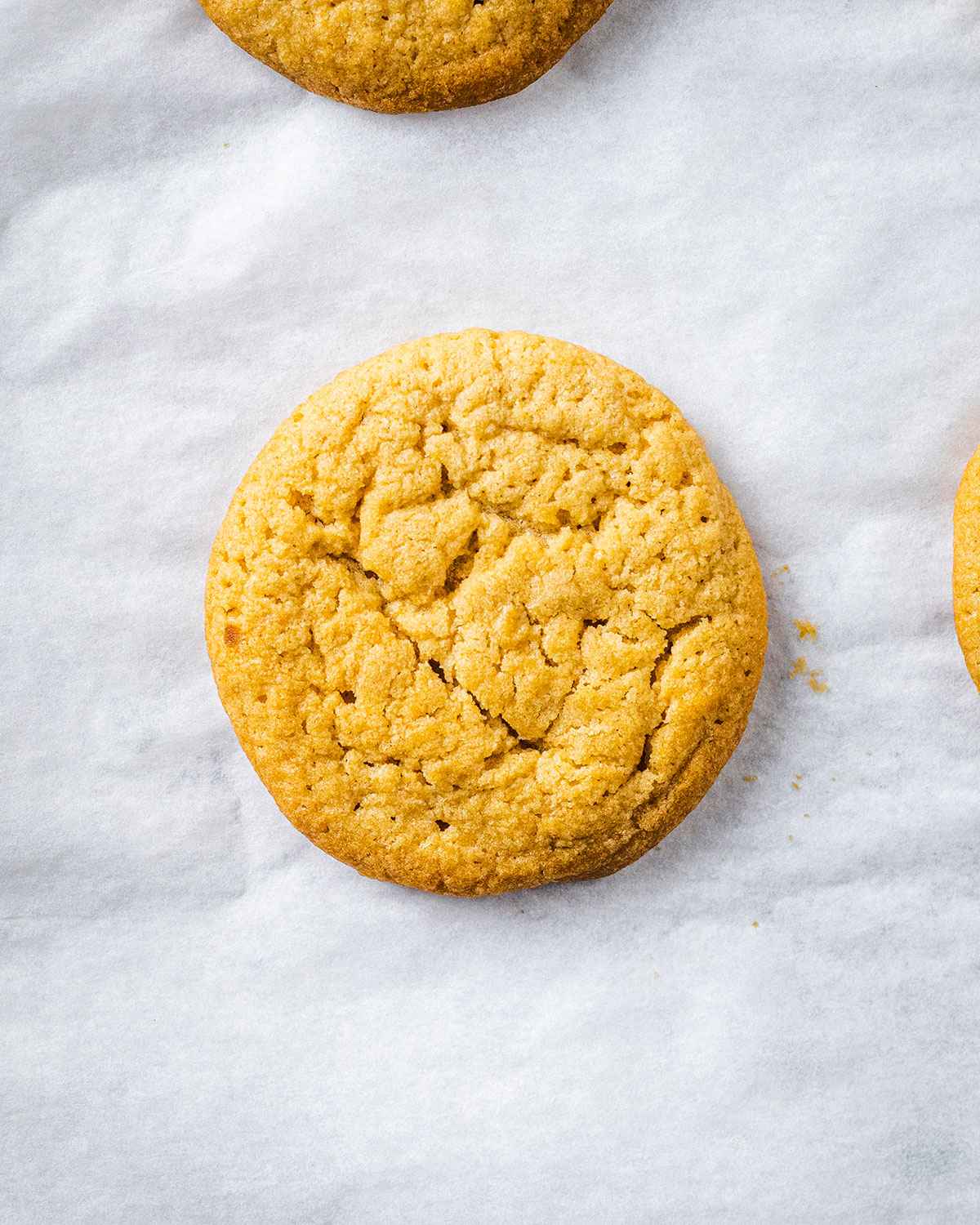 freshly baked vegan lemon cookie on a white baking sheet