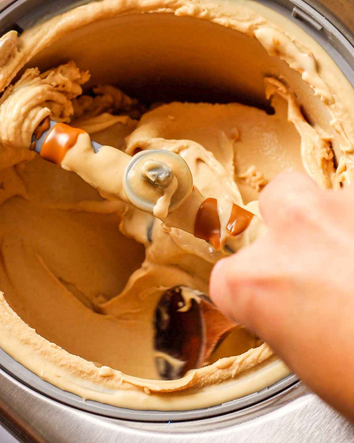 churned biscoff ice cream in the cuisinart ice cream maker