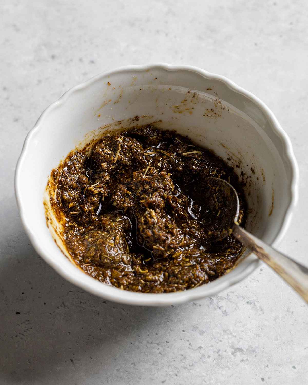 flavor paste for seitan kabob in a small white bowl